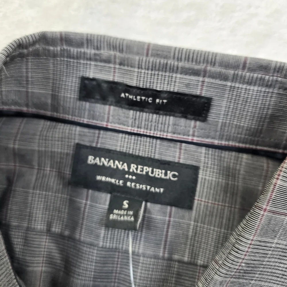 Banana Republic Casual Shirt‎ Mens Small Grey Cotton Plaid Athletic Fit NEW
